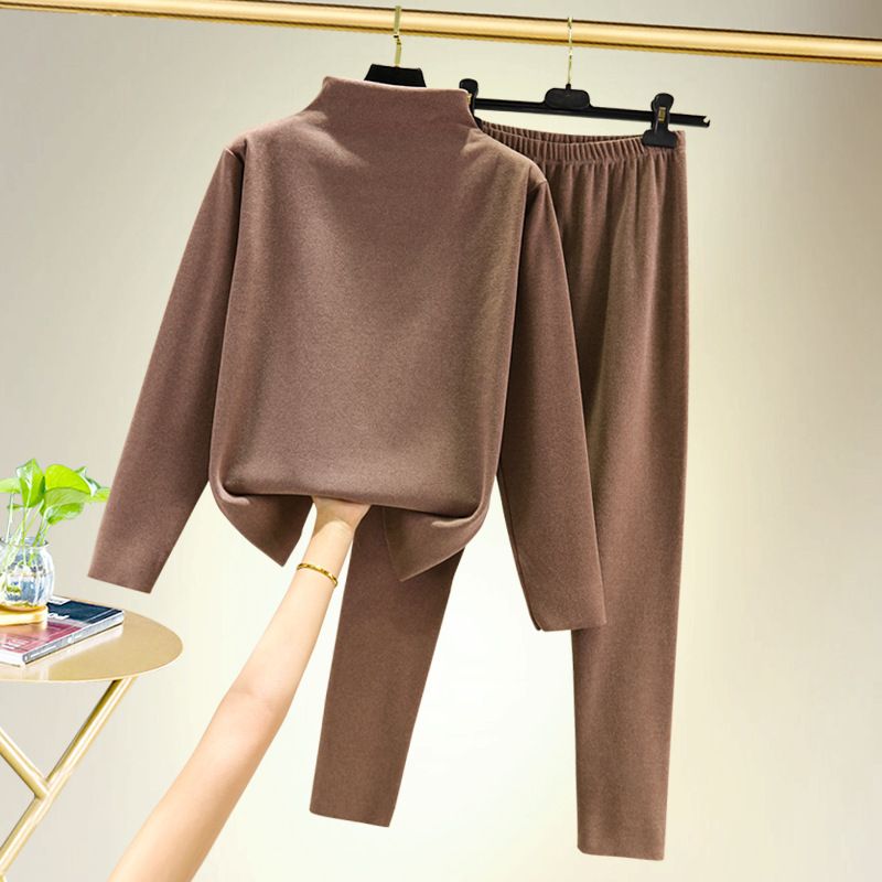 Women's warm underwear set with double-sided German velvet wool and thick half high neck long sleeve trousers plus size two-piece set_voghion.com
