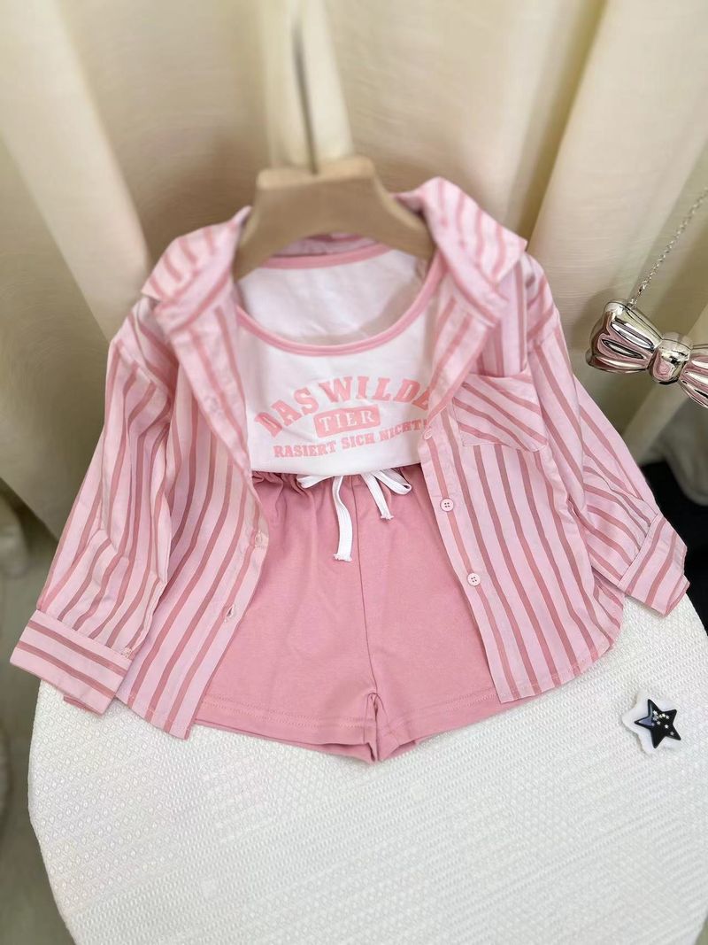 Kid's Clothing 2024 early autumn new girls' casual striped sunscreen shirt stylish vest shorts three piece set_voghion.com