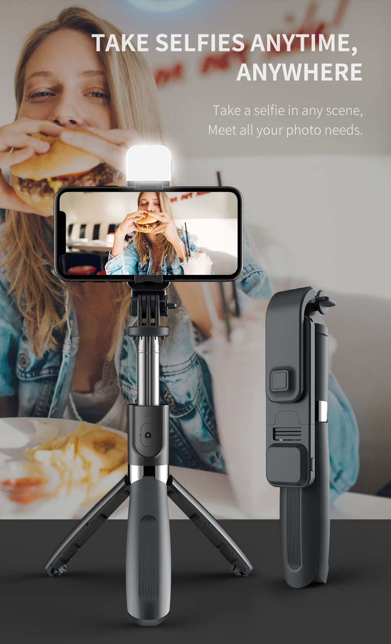 Palanca del disparador automático con luz de llenado, trípode disparador automático expandible de 104 cm, con control remoto inalámbrico, 3 luces_voghion.com