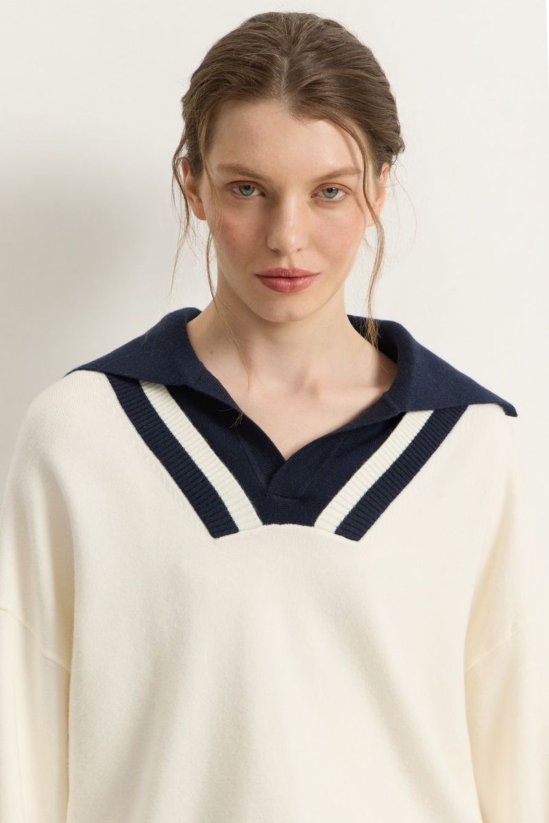 Pull en maille bicolore à col rabattu | Pull confortable et élégant pour l'automne et l'hiver | Coupe ample, manches longues, tissu respirant_voghion.com