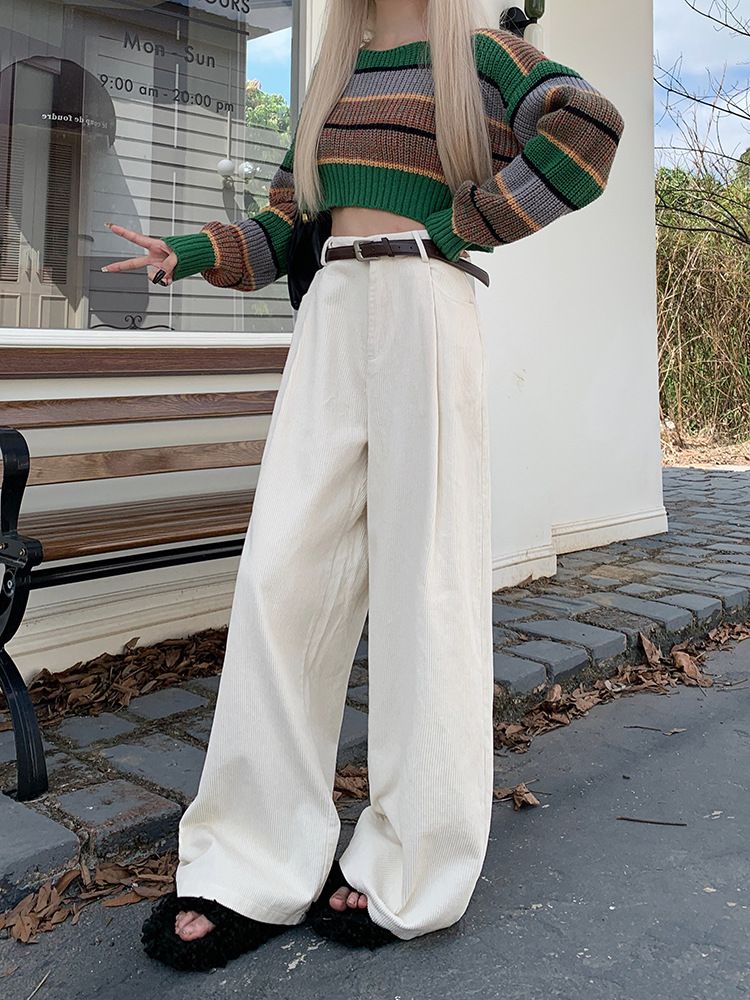 2024 Lente en herfst Nieuwe hoge taille Corduroy Casual voor vrouwen met fluwelen ontwerp, wijde rechte pijpen vloerbroek_voghion.com