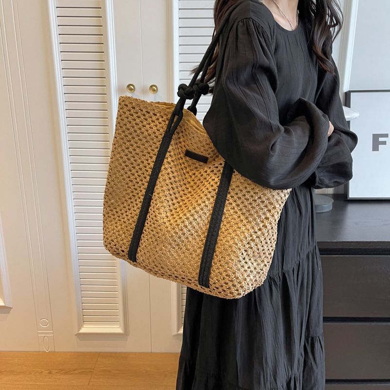Elegante borsa da donna in paglia intrecciata, borsa da spiaggia per le vacanze, casual, shopper, tote, con manico superiore, alla moda, sottobraccio, a tracolla_voghion.com