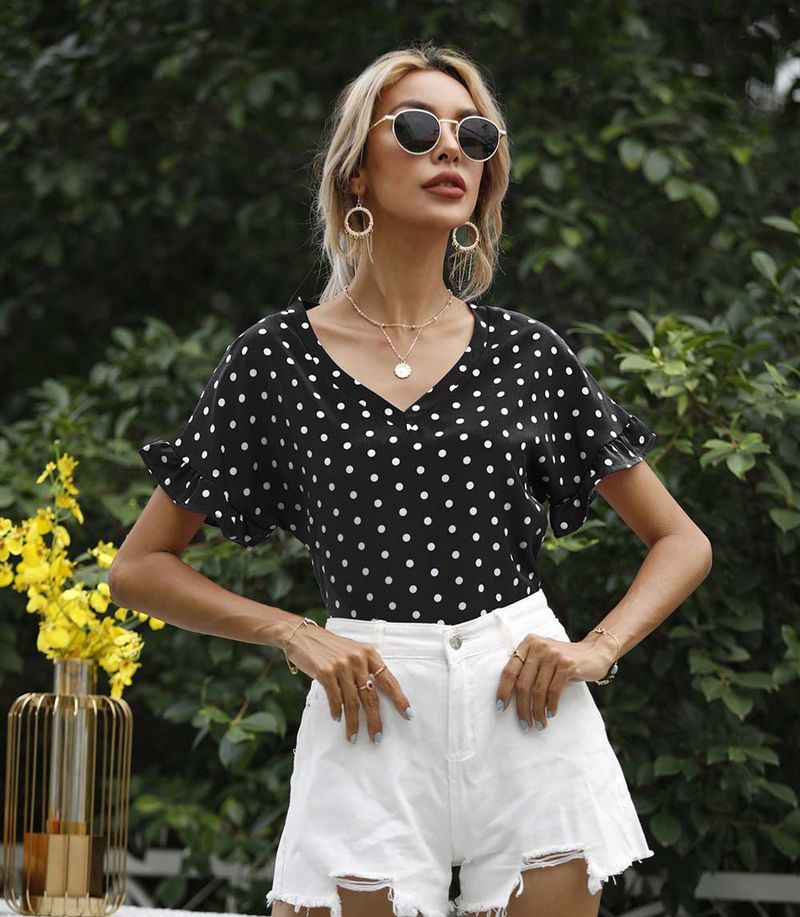 Maglietta estiva da donna a maniche corte con scollo a V e pois_voghion.com