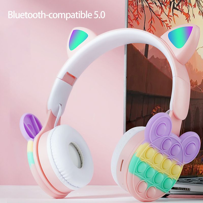 1 Set B30 Kopfhörer Bluetooth 5.0 Stereo Surround Reduction Starker Bass Niedliche Katzenohren mit Regenbogenblasen Kabellos_voghion.com