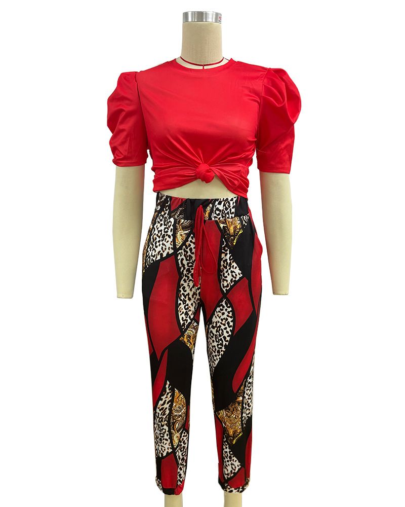 Sommer Damen Neue Kurzarmhose Zweiteiliges Pendlermode Bedrucktes Kordelzug Sexy Hosenset mit freiliegender Taille_voghion.com