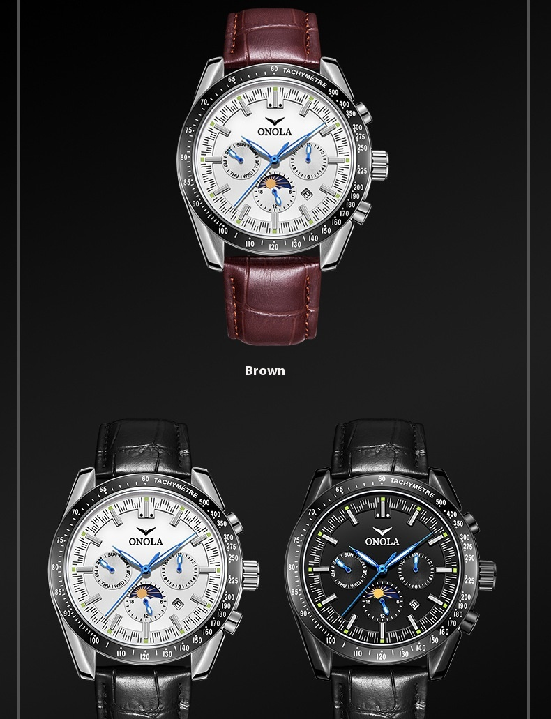 Business ONOLA/Orona Multifunctional Fully Automatic Mechanical Leather Waterproof Watch Men's_voghion.com