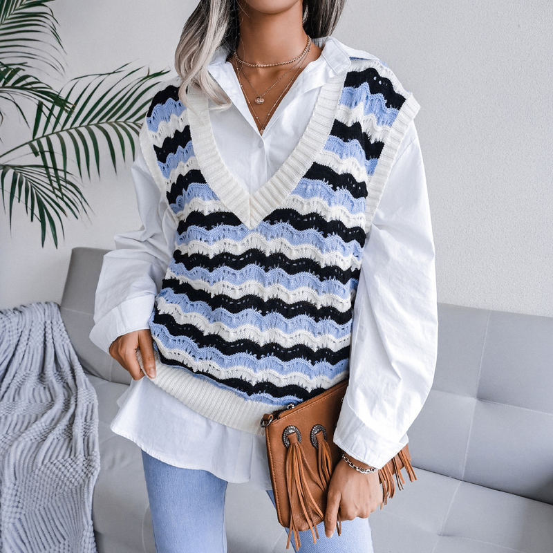 Maglione gilet a righe con scollo a V stile Ins autunno inverno moda donna_voghion.com
