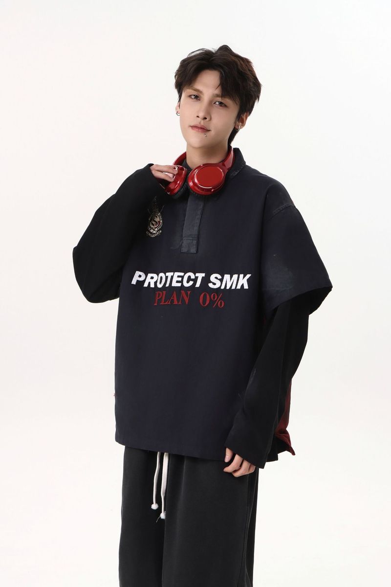 Vêtements pour hommes automne et hiver nouveau style friche jersey deux pièces sweat-shirt à col polo à broderie lourde_voghion.com
