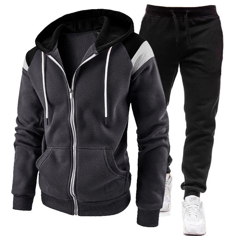 Nueva sudadera con capucha, suéter, pantalones, conjunto deportivo informal de felpa para otoño e invierno con cremallera a juego de colores para hombres_voghion.com