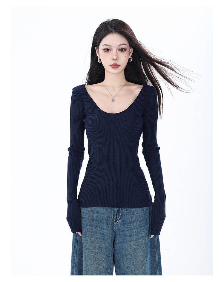 ABWEAR Maglione a maniche lunghe con scollo rotondo blu navy autunno inverno da donna, tinta unita, lavorato a maglia, con base a coste_voghion.com