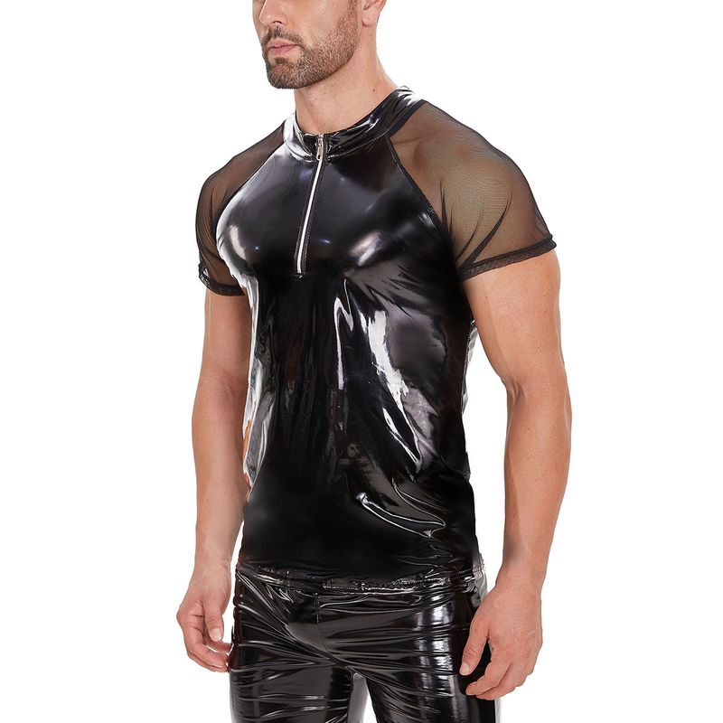 Herrenbekleidung kurzärmliges T-Shirt aus weichem Lackleder Stehkragen helles Leder PVC kurzärmliges elastisches eng anliegendes Oberteil für Männer_voghion.com
