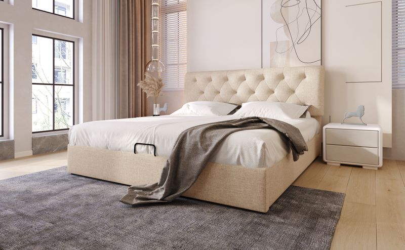 Lit double matelassé hydraulique 140 x 200 cm, tête de lit réglable, sommier à lattes métalliques, cadre de lit coffre moderne, couleur naturelle, sans matelas_voghion.com