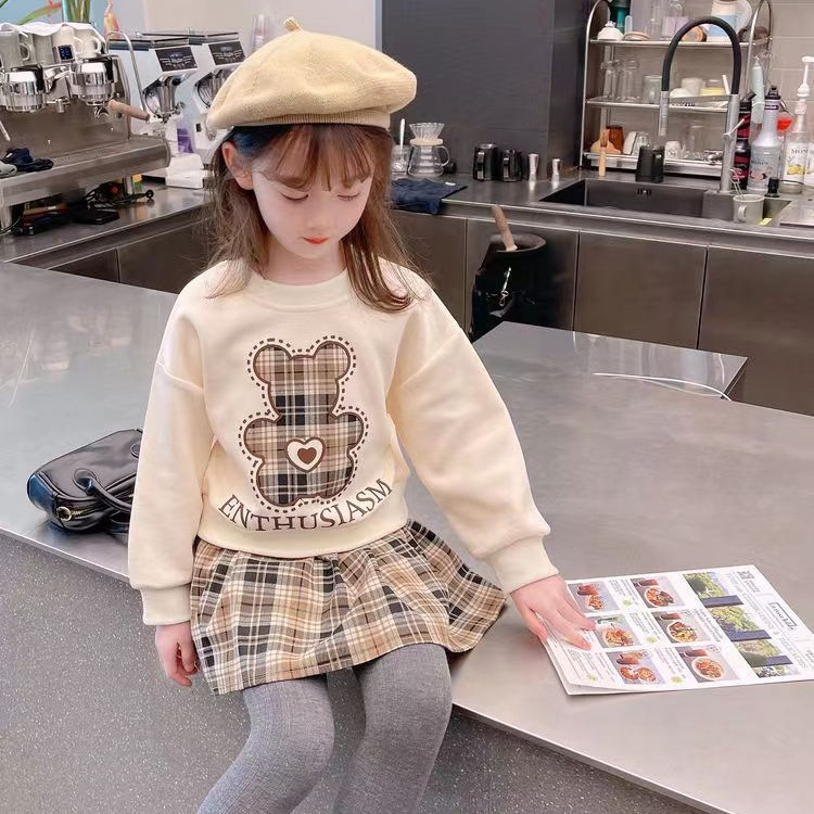 Mädchen in der Mitte und großes Kinderkleid 2023 neuer Herbstrock Cartoon langärmeliger Kapuzenpullover kariert_voghion.com