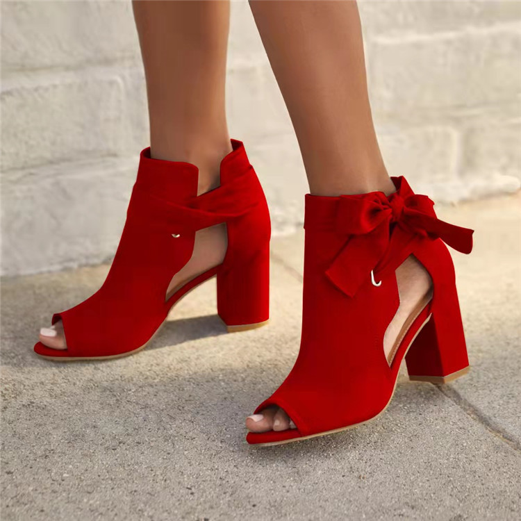 Sandali di medie dimensioni da donna con fiocco laterale e tacco spesso, scarpe romane con bocca di pesce_voghion.com
