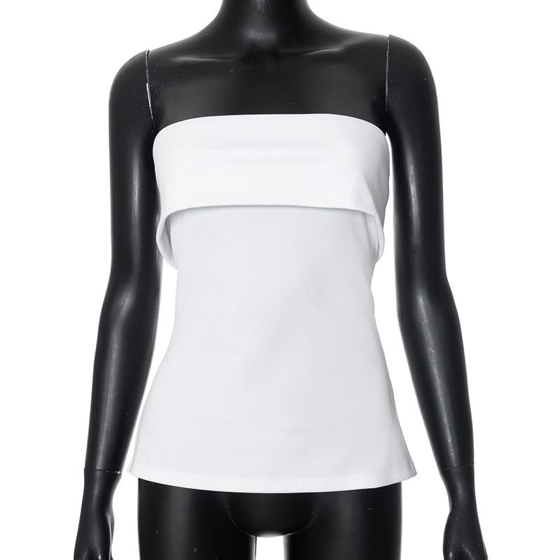 Women's Summer New Style Strapless Backless Slim Fit Slit Solid Color Casual Collar T-shirt Top_voghion.com