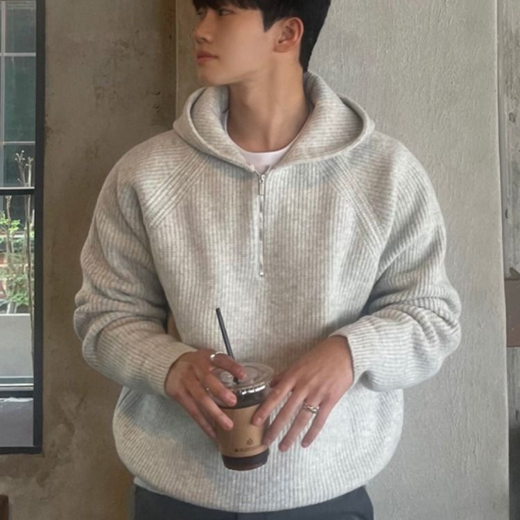 Autumn Hoodie Men's Half Zip Hooded Sweater Thick Knit Sweater Jacket_voghion.com