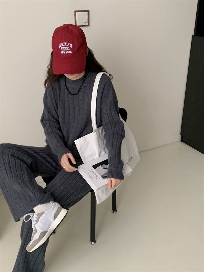 Plus Size Knit Sweater & Wide Leg Pants Set - Soft Ribbed Pullover & Flowy Lounge Trousers, Oversized Comfort Outfit For Women_voghion.com