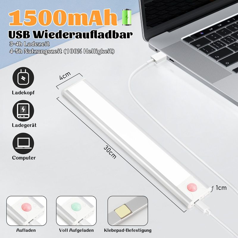Glitzerlife Unterbauleuchte Küche Led Dimmbar - 30CM 2 Stück Schrankbeleuchtung Mit Bewegungsmelder 3 Farbtemperatur Schranklicht USB Wiederaufladbar Küchenlicht_voghion.com