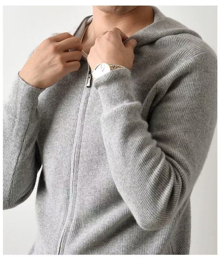 Men's Cashmere Hooded Cardigan – Soft Knit Zipper Sweater (Light Blue/Black/Grey/Dark Blue, Sizes M-3XL)_voghion.com