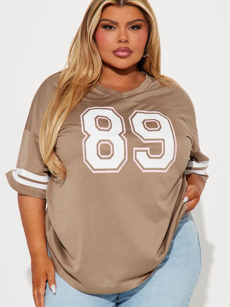 Dameskleding Splicing Letter Printing Losse Sport Stijl Jersey Korte Mouw T-shirt_voghion.com