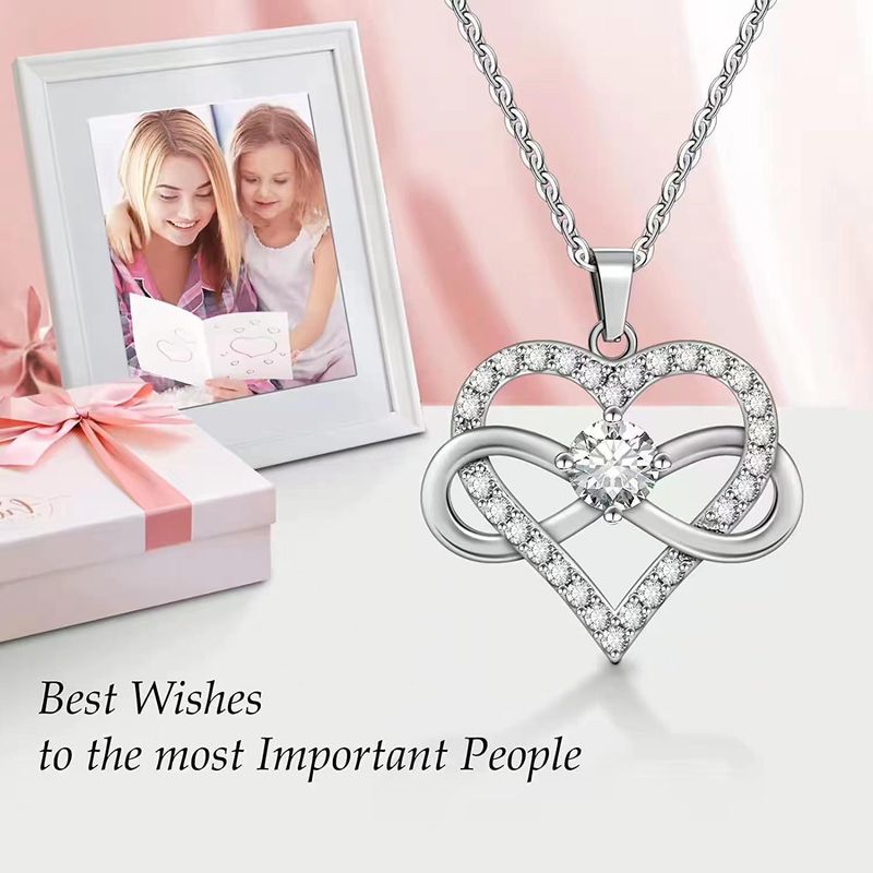 Damessieraden S925 Sterling Zilveren Strik & Infinity Symbool Ketting met Hartbedel Elegante gelaagde ketting 8 Perzik Hart Truiketting_voghion.com
