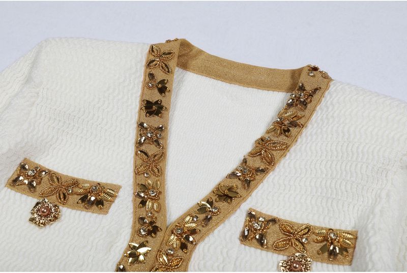 Completo cardigan in maglia con paillettes e perline e gonna alla moda – Coordinato scintillante primavera/autunno (rosso/nero/bianco, S-XL)_voghion.com