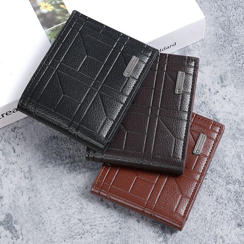 Nueva billetera para hombre, billetera corta, billetera juvenil de cuero suave horizontal a cuadros, billetera de gran capacidad con múltiples ranuras para tarjetas_voghion.com