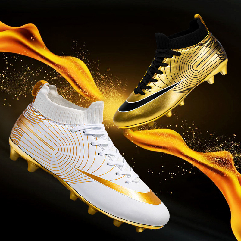 Golden Football boot high top tf broken nails artificial lawn boys and girls AG long nail competition student training_voghion.com