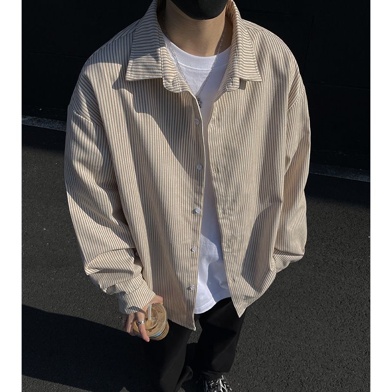 Camicia in denim a righe da uomo, idea a strati, giacca primaverile e autunnale 2025 in stile americano, vestibilità ampia e pulita, per adolescenti_voghion.com