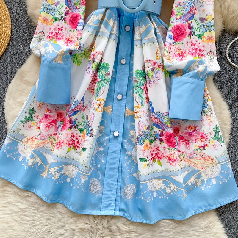 Abito camicia a trapezio con stampa a vita sottile monopetto e risvolto retrò da donna_voghion.com