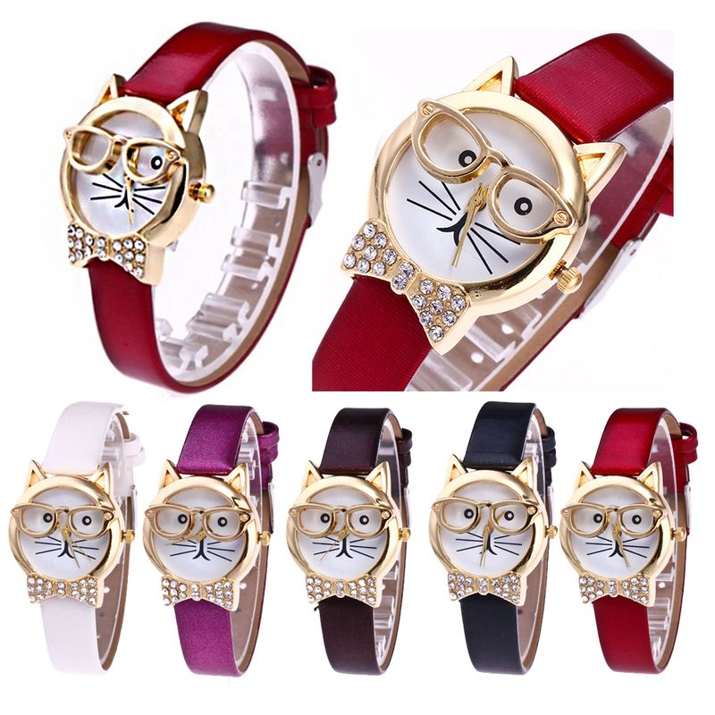 Yamaler Cute Cat Face Rund Skift Rhinestone Kunstlæder Kvinder Analog Quartz Armbåndsur_voghion.com
