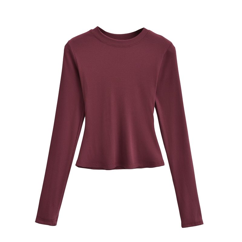 Kim Kardashian Kento Round Neck Base Shirt For Women's Sring Tight Fitting T-shirt Long Sleeved Slim Fit Solid Color_voghion.com