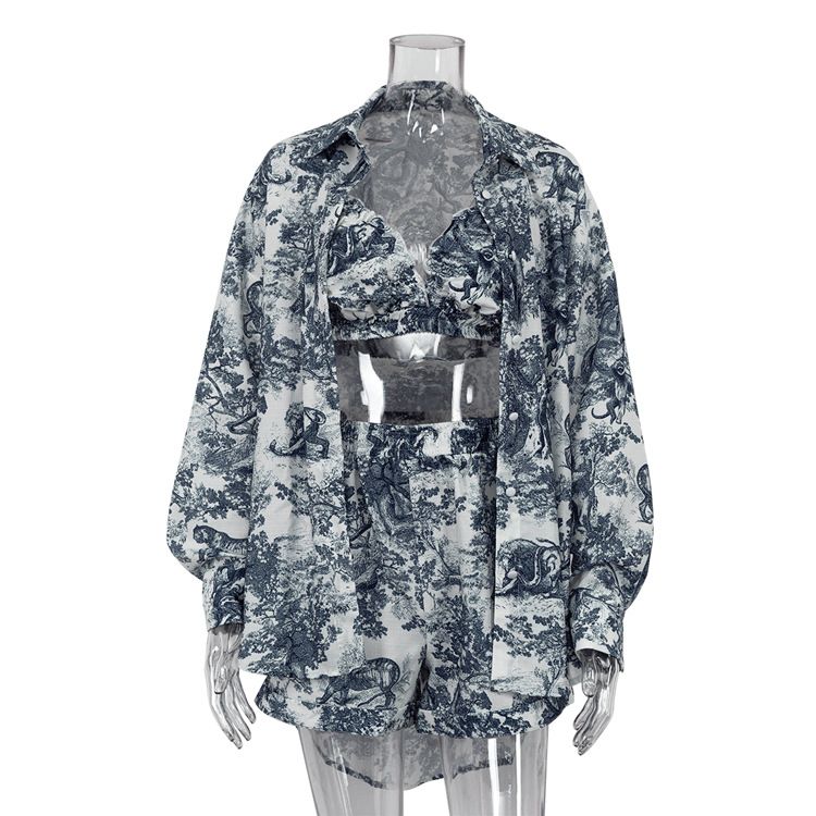 Abbigliamento da donna, nuovo stile retrò, camicia, bretelle, pantaloncini, abito, stampa a inchiostro, moda, tre pezzi_voghion.com