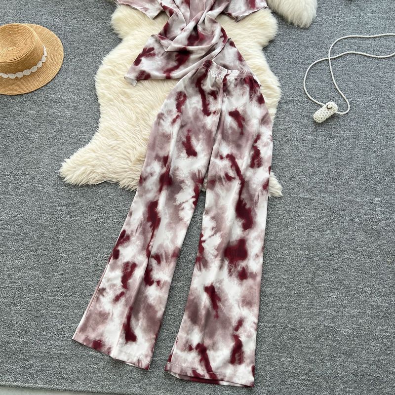 Women's Clothing Two Piece Suit Cross Waist Round Neck Short Sleeves Printed Top High Waist Casual Wide Leg Pants_voghion.com