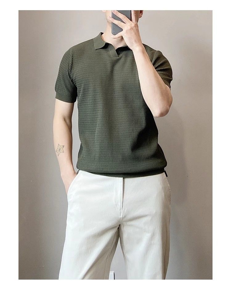 Polo da uomo in maglia leggera e traspirante, aderente, a maniche corte, stile americano, in seta ghiacciata, modello cross-border, con strisce antivento_voghion.com
