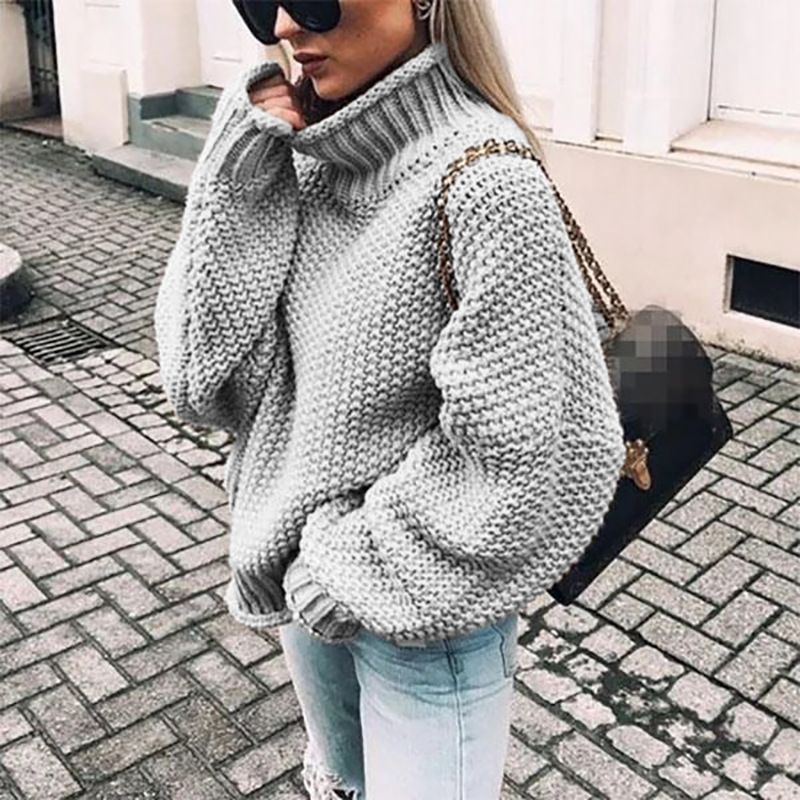 Y2K Damen Langarm Rollkragenpullover Lockerer Pullover Einfarbige Oberteile in Übergröße High Neck Strickpullover Ropa Mujer_voghion.com