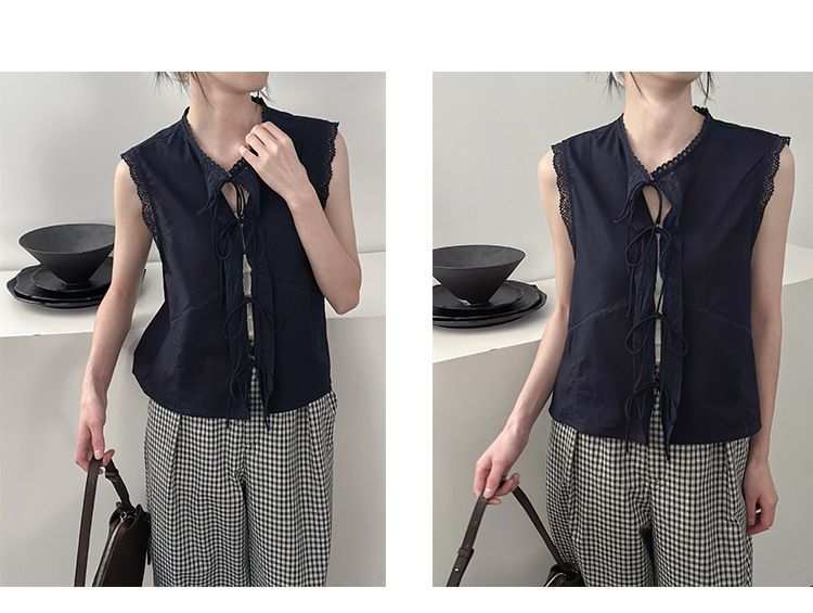 Ethereal Floral Lace Trim V-Neck Blouse – Breathable, Adjustable Tie Front, Lightweight & Youthful Chic Top_voghion.com