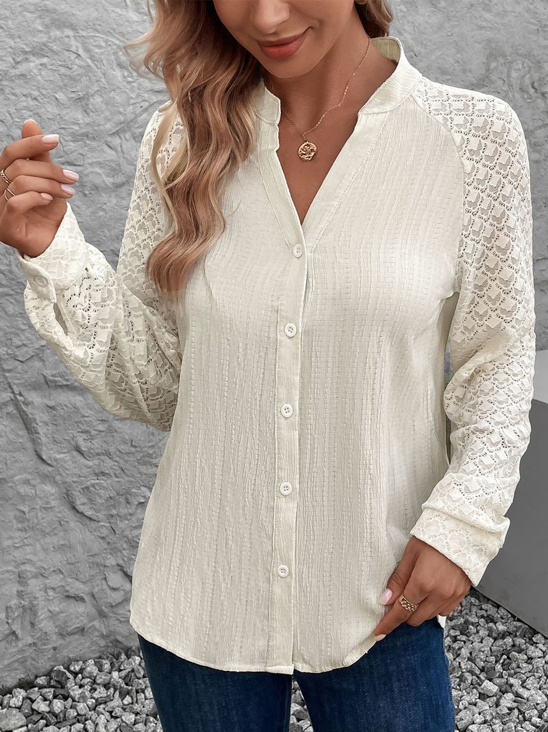 Women's Clothing lace stitching tops wear transparent long sleeved stand up collar cardigan shirt_voghion.com
