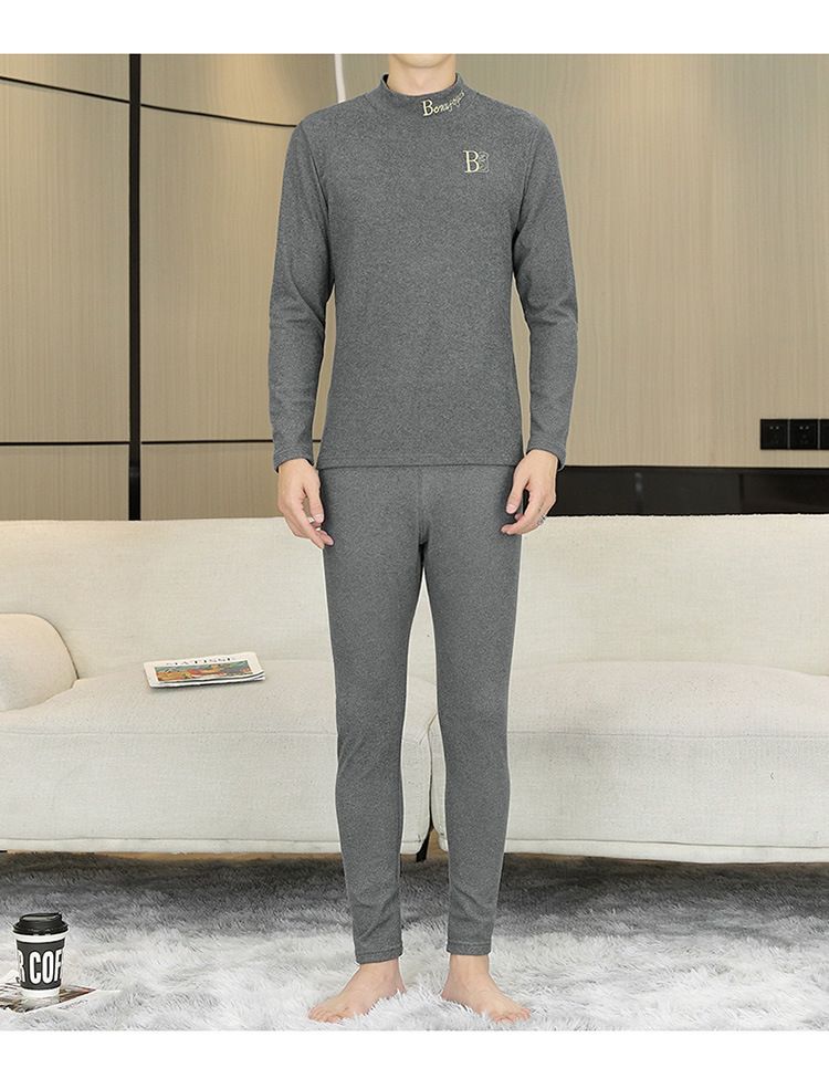 Completo intimo termico da uomo premium ricamato, strato di base invernale foderato in pile con collo alto, tessuto bifacciale ultra caldo per il freddo_voghion.com