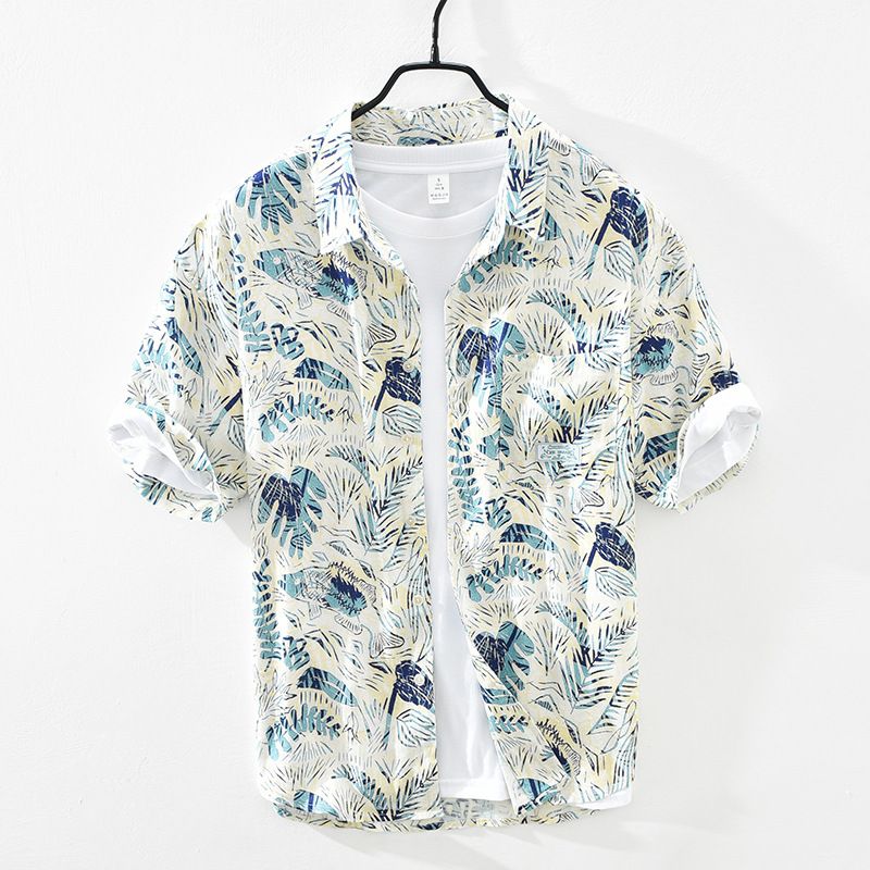 Camicia in lino con stampa fresca e artistica per uomo, estiva, a maniche corte, con scollo quadrato sottile._voghion.com