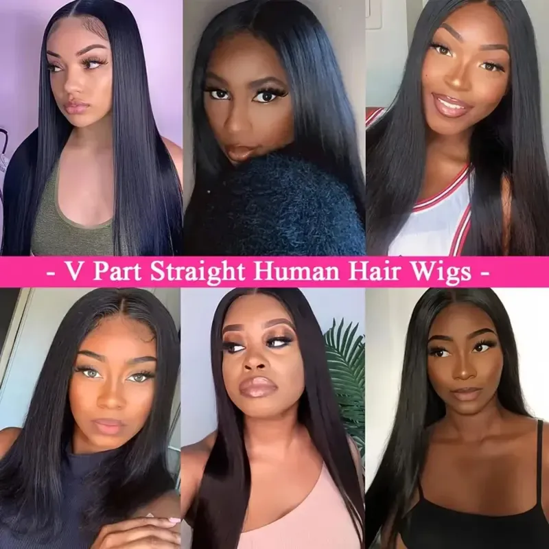 Peluca de cabello humano 100 % con parte en V, cabello humano Remy brasileño liso de calidad con clip, color negro natural para mujeres, pelucas hechas a máquina_voghion.com
