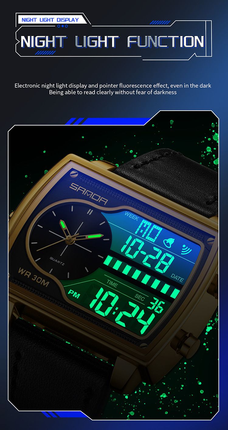 Montre carrée multifonction haut de gamme pour homme avec affichage lumineux, étanche à 30 m, double fuseau horaire et chronographe – Élégante pour le travail et les loisirs_voghion.com