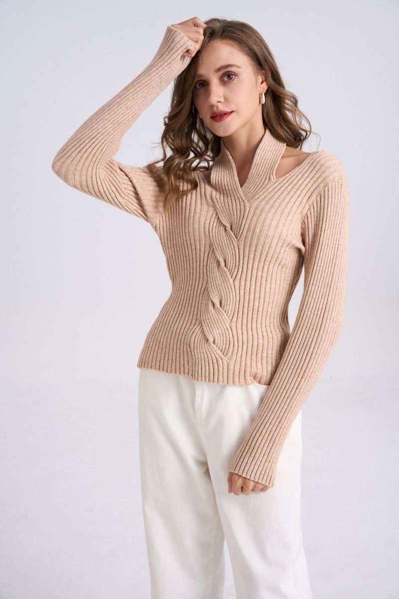 Maglione a trecce con scollo a V, collo all'americana, a coste, a maniche lunghe, per donna, vestibilità slim, irregolare esposto_voghion.com