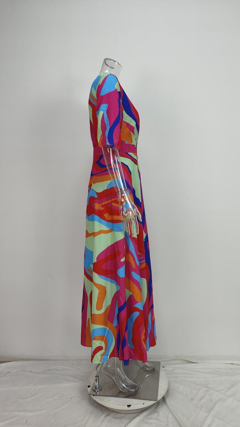 Abito a maniche lunghe con scollo a V stampato, vestibilità attillata, elegante e attillato, da donna, primavera 2025_voghion.com