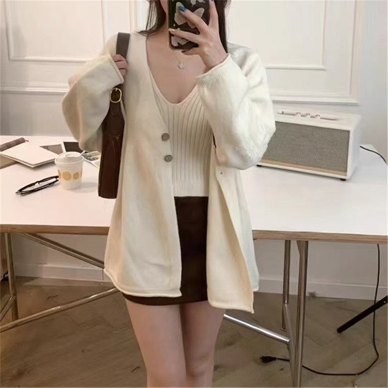 Completo cardigan in maglia da donna - Canotta con lacci e scollo a V e maglione a maniche lunghe, design casual a coste in stile coreano, completo in due pezzi tinta unita_voghion.com