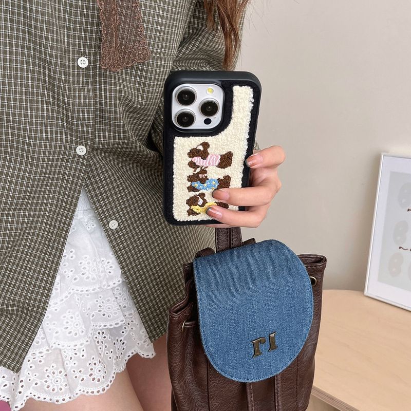 Plush Cartoon Dachshund Dog For 16 Max 15 Pro Embroidered Phone Case 13/14 Autumn Winter Towel Embroidery_voghion.com