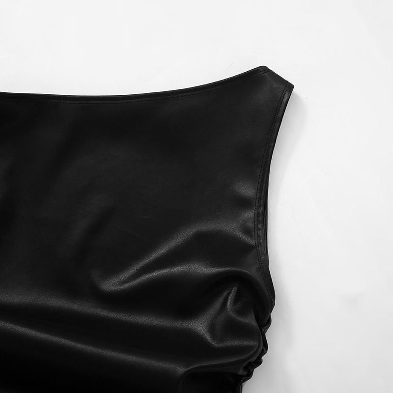 Y24TP647 Women's Autumn/Winter Twisted Strap Off Shoulder Leather Folded Short Open Umbilical Top T-shirt_voghion.com