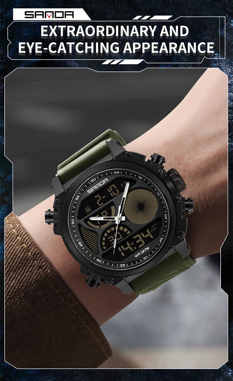Men's Sports Watch With Dual Display, Luminous Hands, 50m Waterproof, Alarm, Stopwatch, Week & Date Outdoor Activities Dual Display Electronic Watch_voghion.com