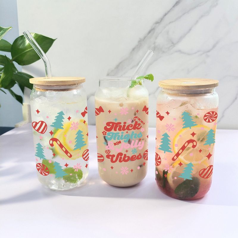 Modern Minimalist Christmas Glass Tumbler Set (16oz) – Eco-Friendly Borosilicate Cups With Bamboo Lids & Glass Straws (2-Pack, Leak-Proof)_voghion.com