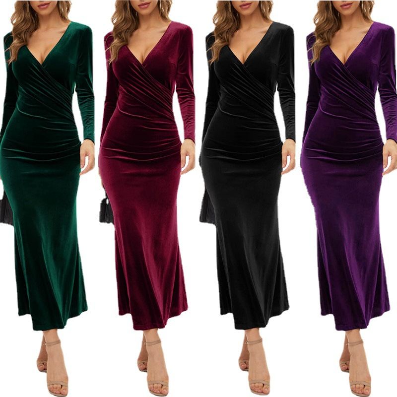 Abito da sera a sirena a maniche lunghe in velluto sottile ed elegante con scollo a V, stile europeo e americano transfrontaliero_voghion.com